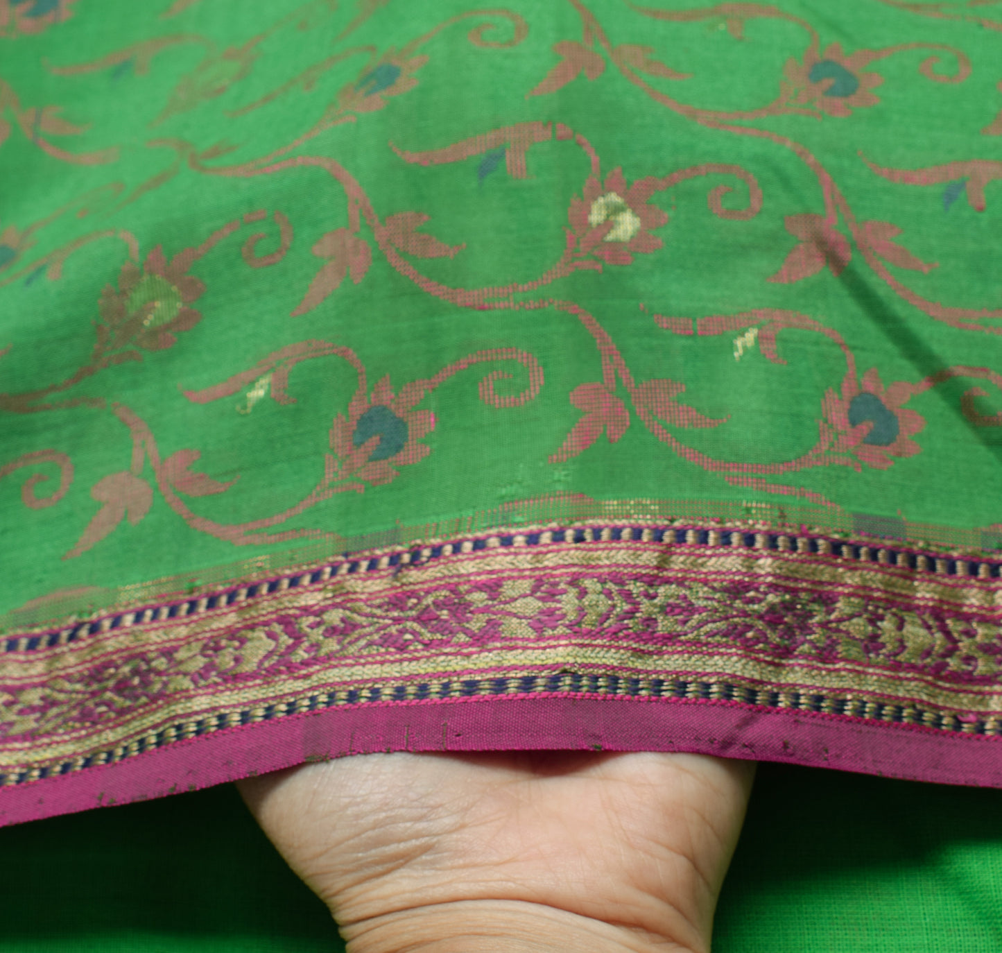 Sushila Vintage Green Indian Saree 100% Pure Silk Woven Floral Sari Craft Fabric