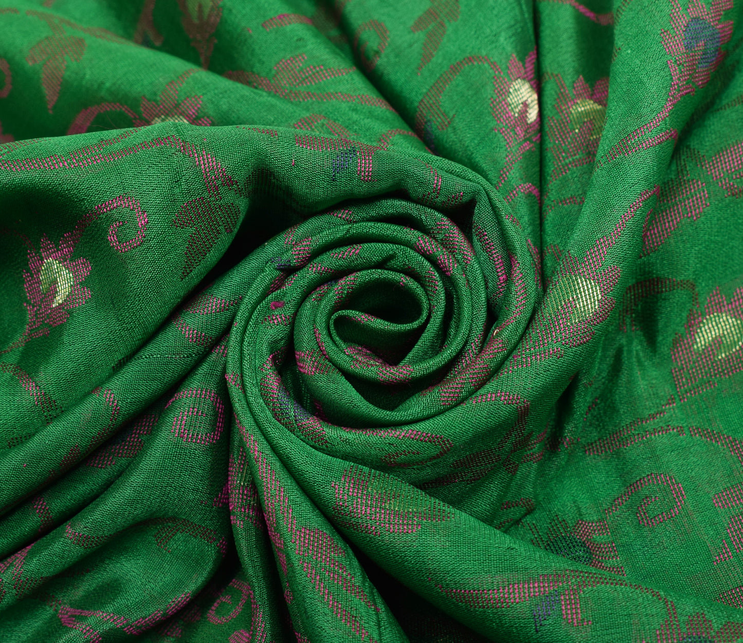 Sushila Vintage Green Indian Saree 100% Pure Silk Woven Floral Sari Craft Fabric