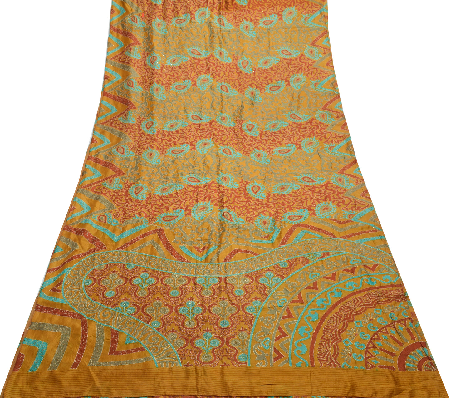 Sushila Vintage Mustard Saree 100% Pure Silk Hand Embroidered Kantha Sari Fabric