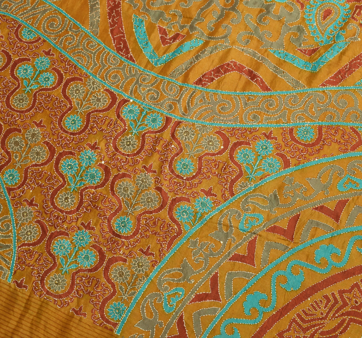 Sushila Vintage Mustard Saree 100% Pure Silk Hand Embroidered Kantha Sari Fabric