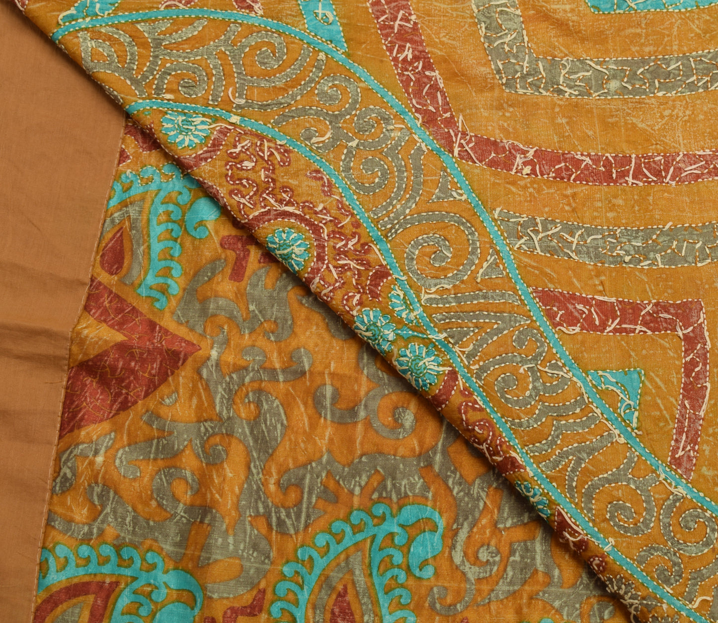 Sushila Vintage Mustard Saree 100% Pure Silk Hand Embroidered Kantha Sari Fabric