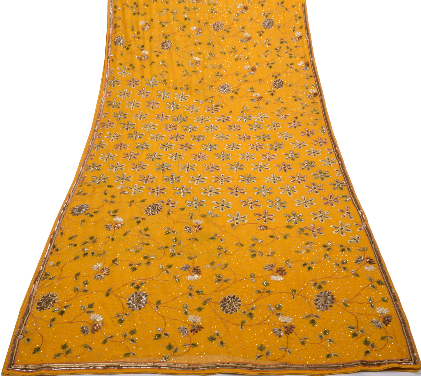 Sushila Vintage Mustard HEAVY Saree Pure Georgette Silk Hand Beaded Sari Fabric