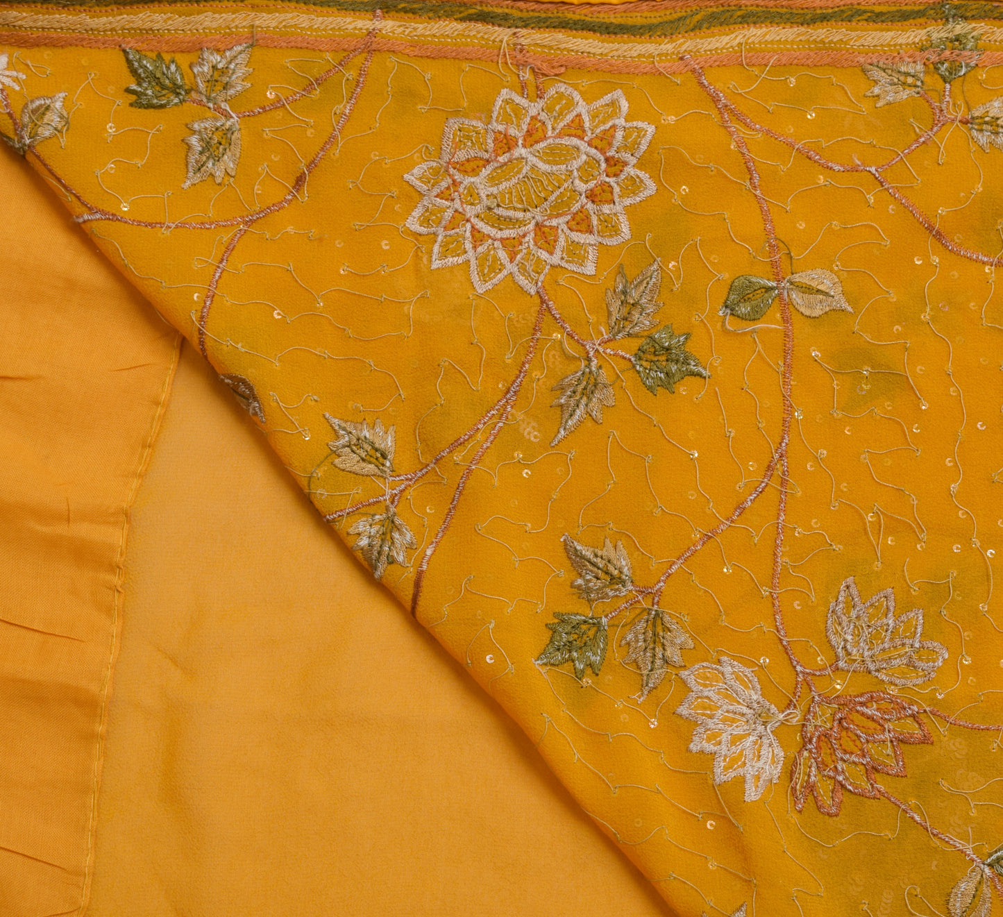 Sushila Vintage Mustard HEAVY Saree Pure Georgette Silk Hand Beaded Sari Fabric