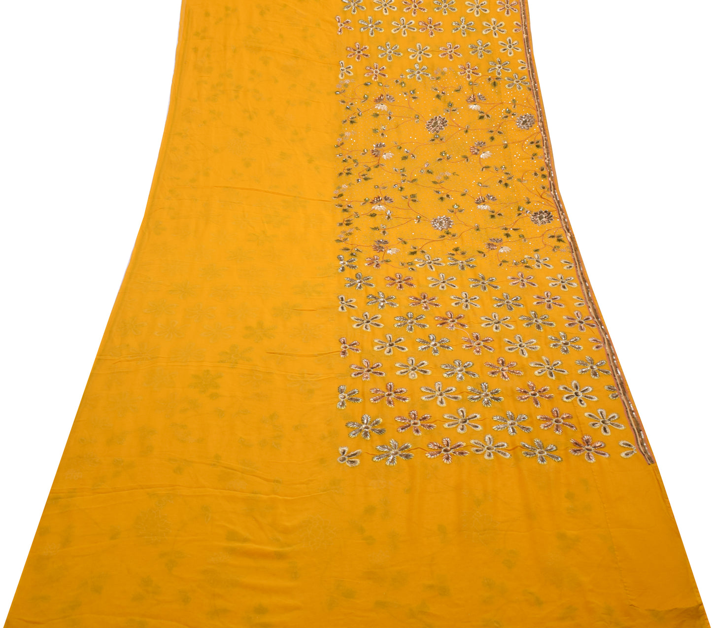 Sushila Vintage Mustard HEAVY Saree Pure Georgette Silk Hand Beaded Sari Fabric