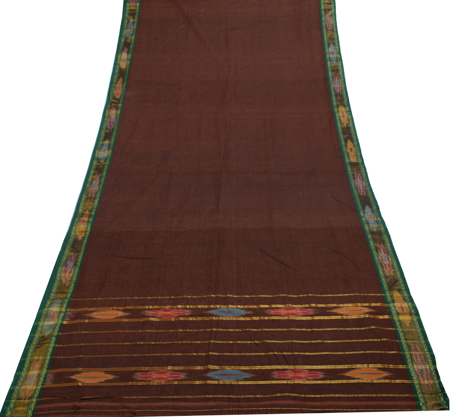 Sushila Vintage Dark Brown Saree 100% Pure Cotton Hand Woven Sari Craft Fabric