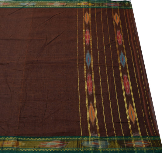 Sushila Vintage Dark Brown Saree 100% Pure Cotton Hand Woven Sari Craft Fabric