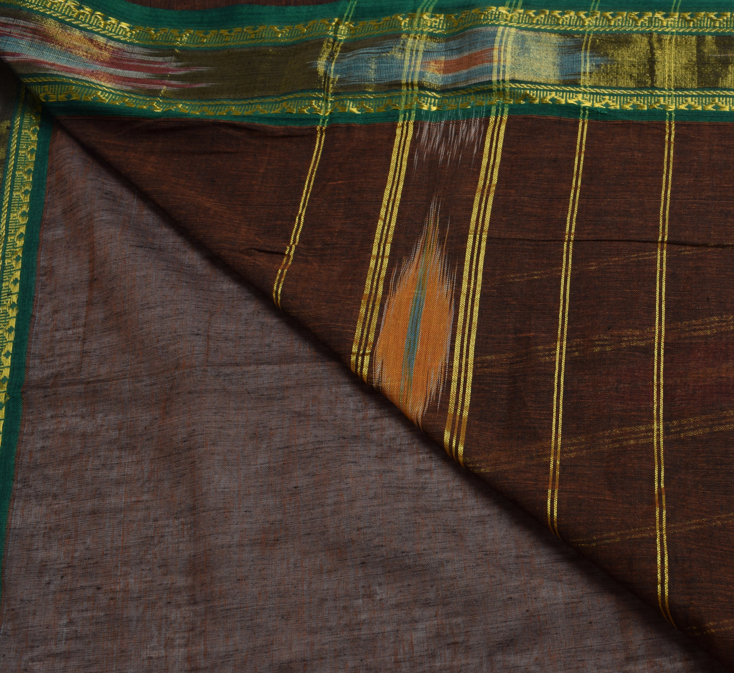 Sushila Vintage Dark Brown Saree 100% Pure Cotton Hand Woven Sari Craft Fabric