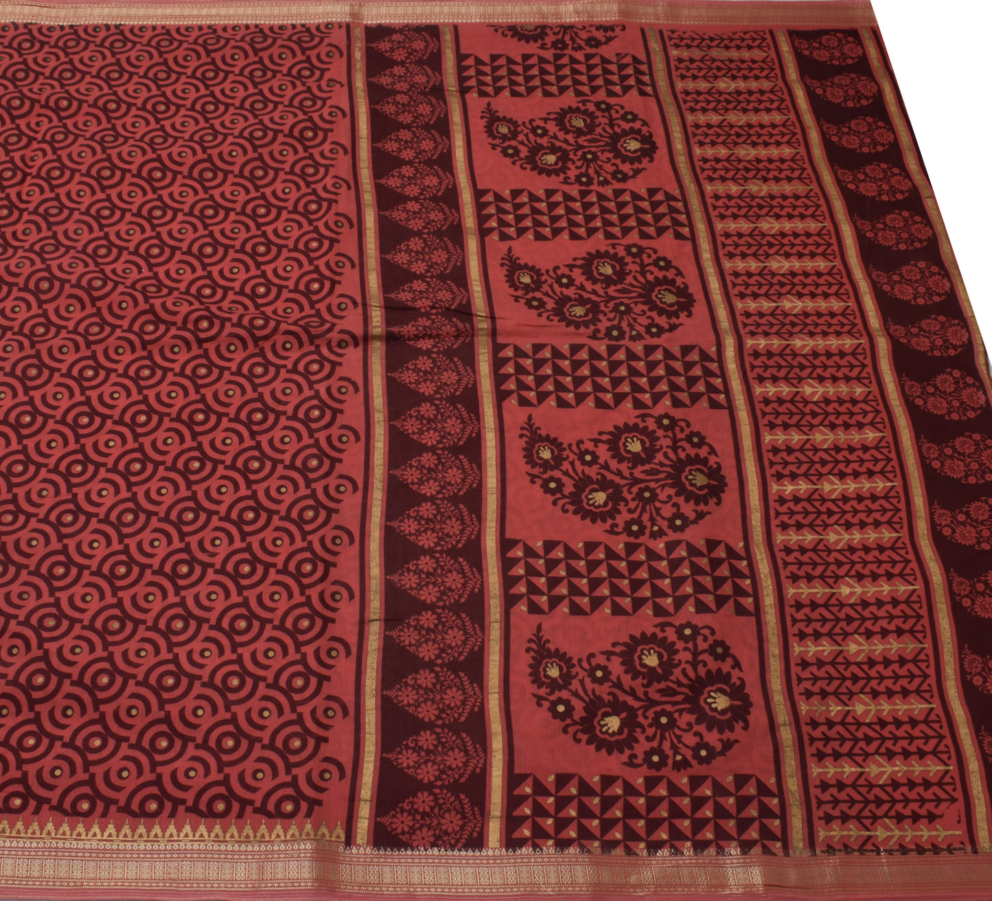 Sushila Vintage Brown Saree 100% Pure Cotton Printed & Woven Sari Craft  Fabric