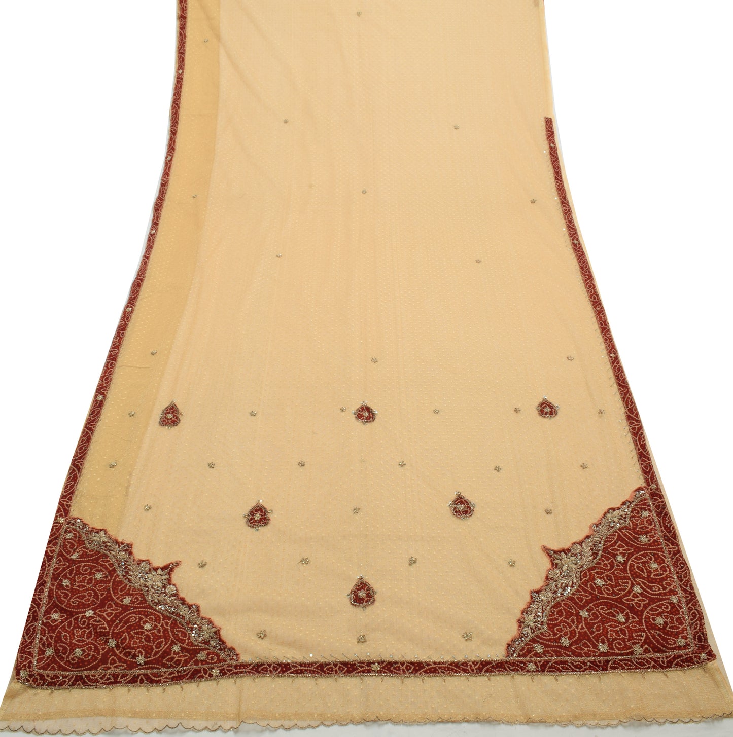 Sushila Vintage Beige Indian Saree Net Mesh Hand Beaded Floral Sari Craft Fabric