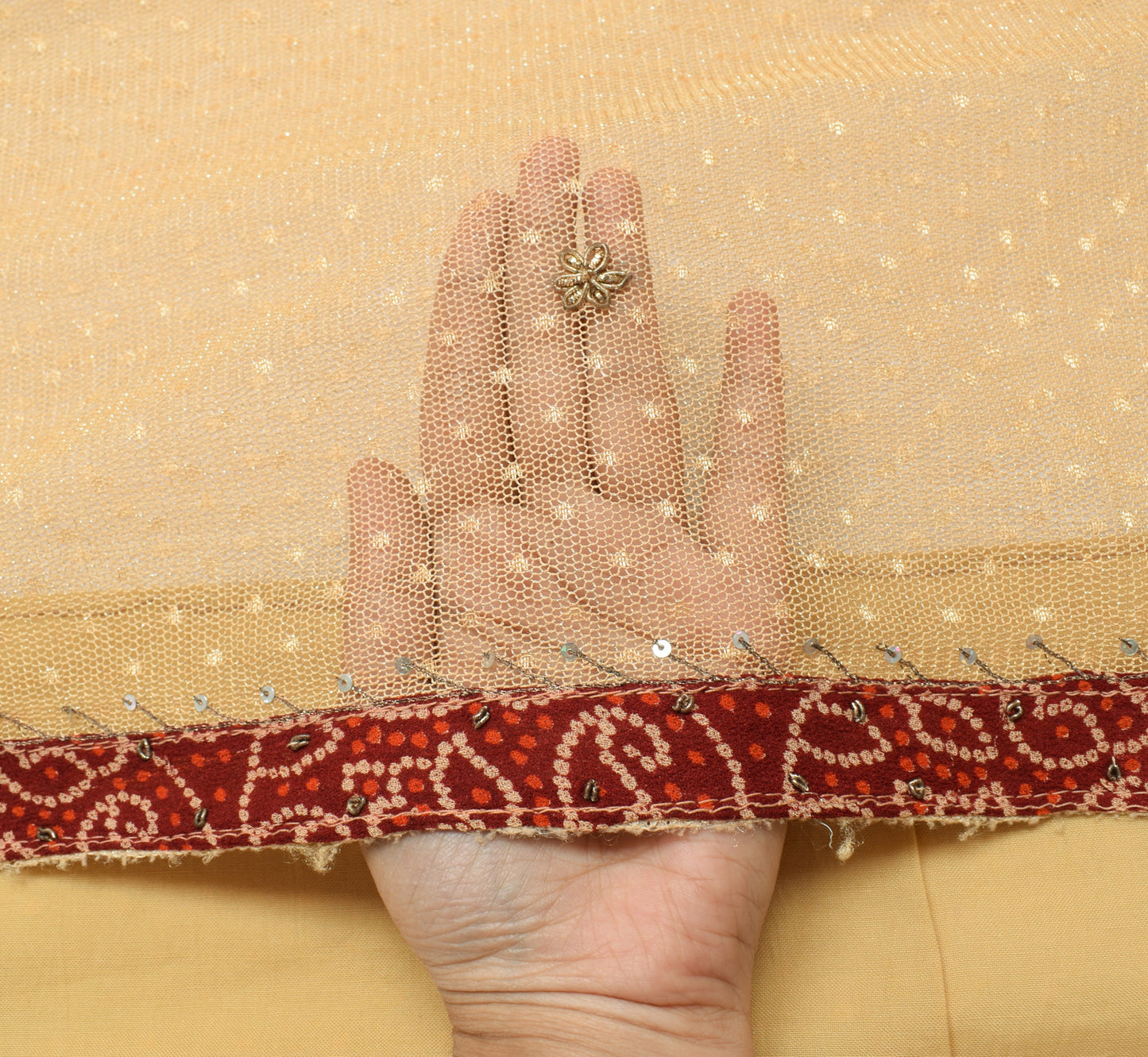 Sushila Vintage Beige Indian Saree Net Mesh Hand Beaded Floral Sari Craft Fabric