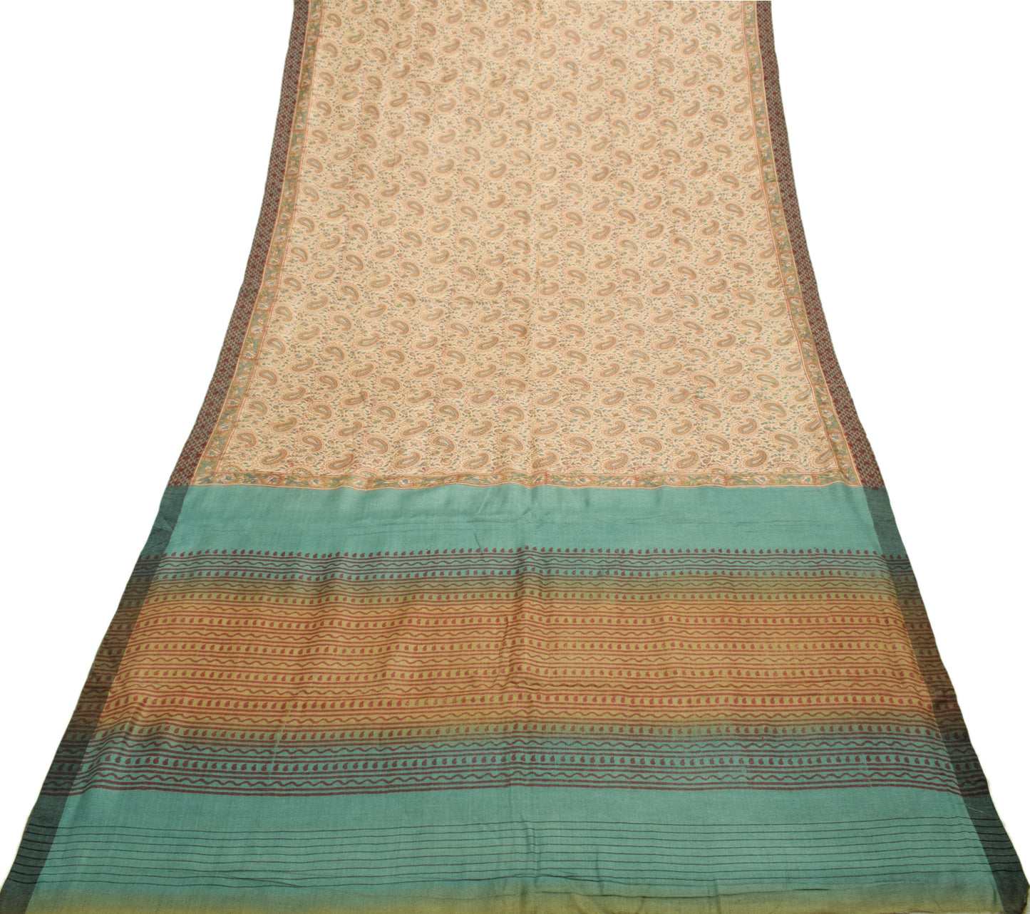 Sushila Vintage Cream Indian Saree 100% Pure Woolen Woven Paisley Sari Fabric