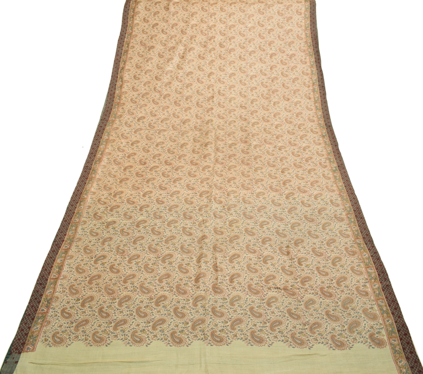 Sushila Vintage Cream Indian Saree 100% Pure Woolen Woven Paisley Sari Fabric