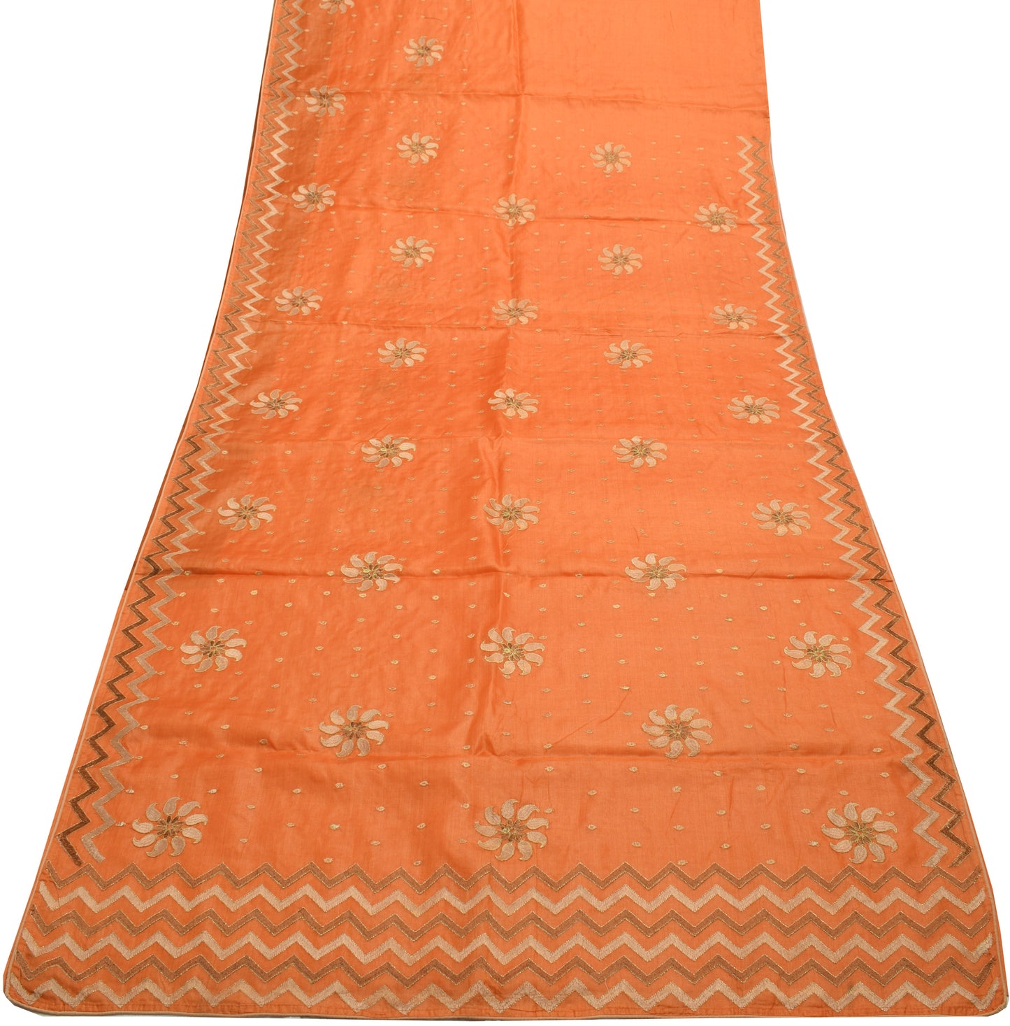 Sushila Vintage Orange Saree 100%Pure Silk Paisley Embroidered Sari Craft Fabric