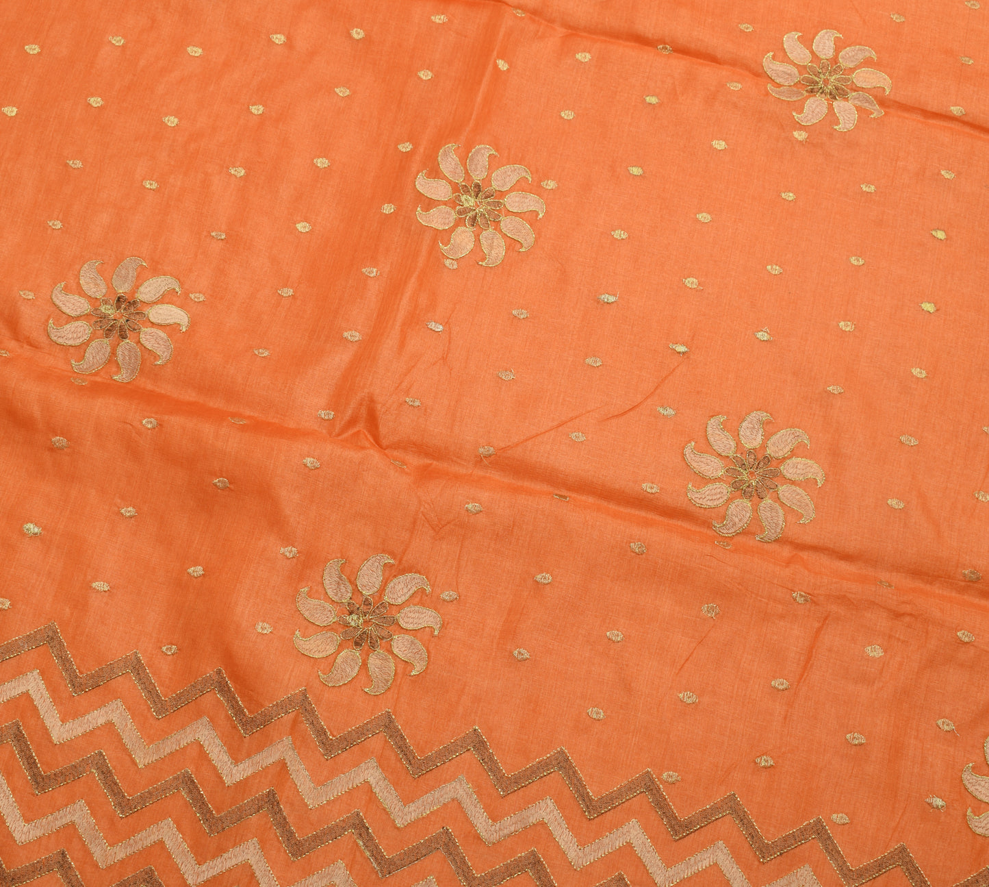 Sushila Vintage Orange Saree 100%Pure Silk Paisley Embroidered Sari Craft Fabric