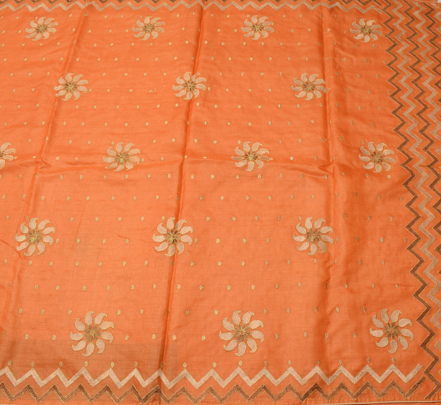 Sushila Vintage Orange Saree 100%Pure Silk Paisley Embroidered Sari Craft Fabric