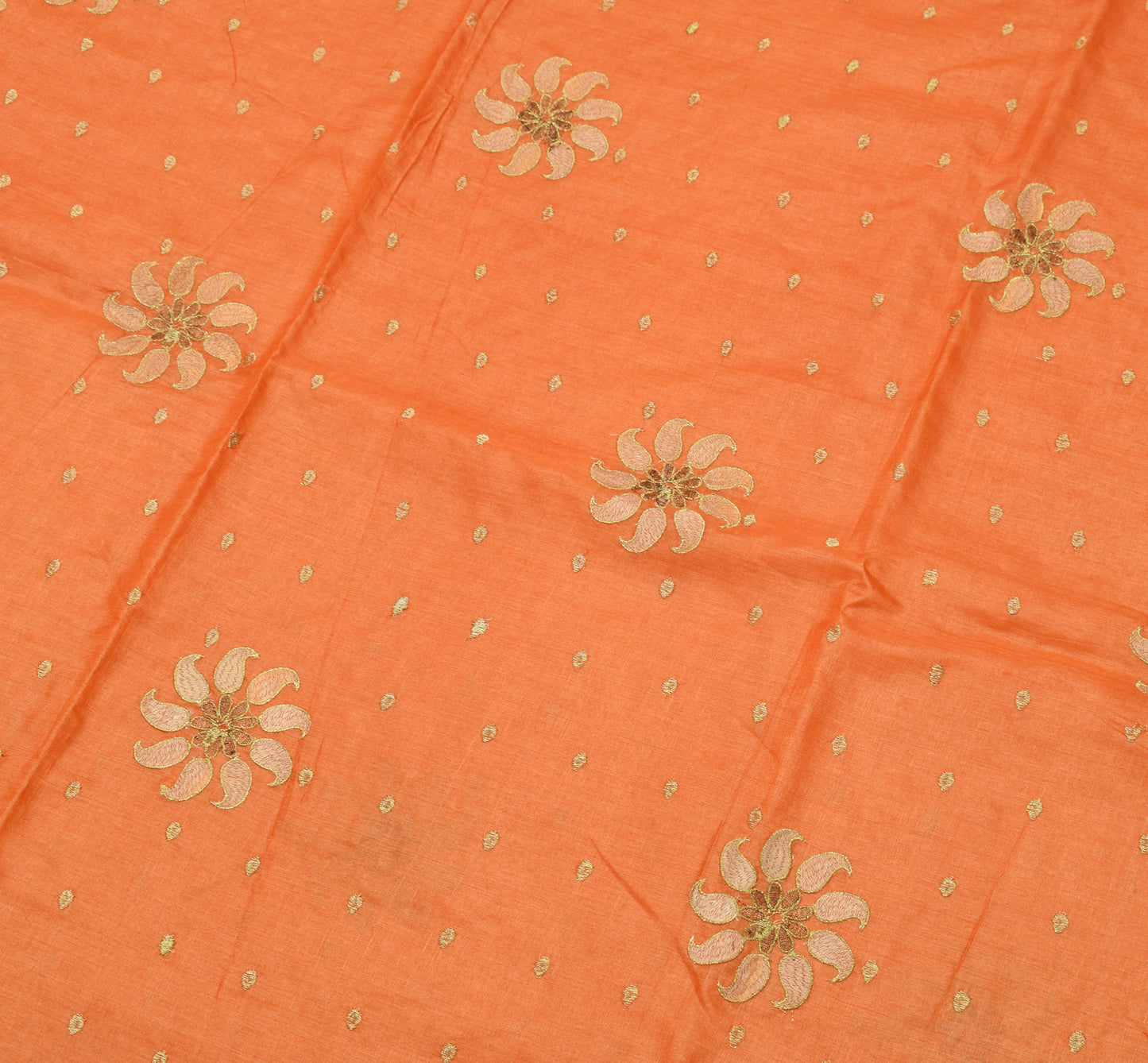 Sushila Vintage Orange Saree 100%Pure Silk Paisley Embroidered Sari Craft Fabric