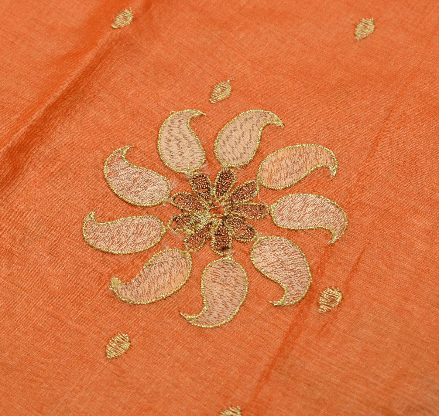 Sushila Vintage Orange Saree 100%Pure Silk Paisley Embroidered Sari Craft Fabric