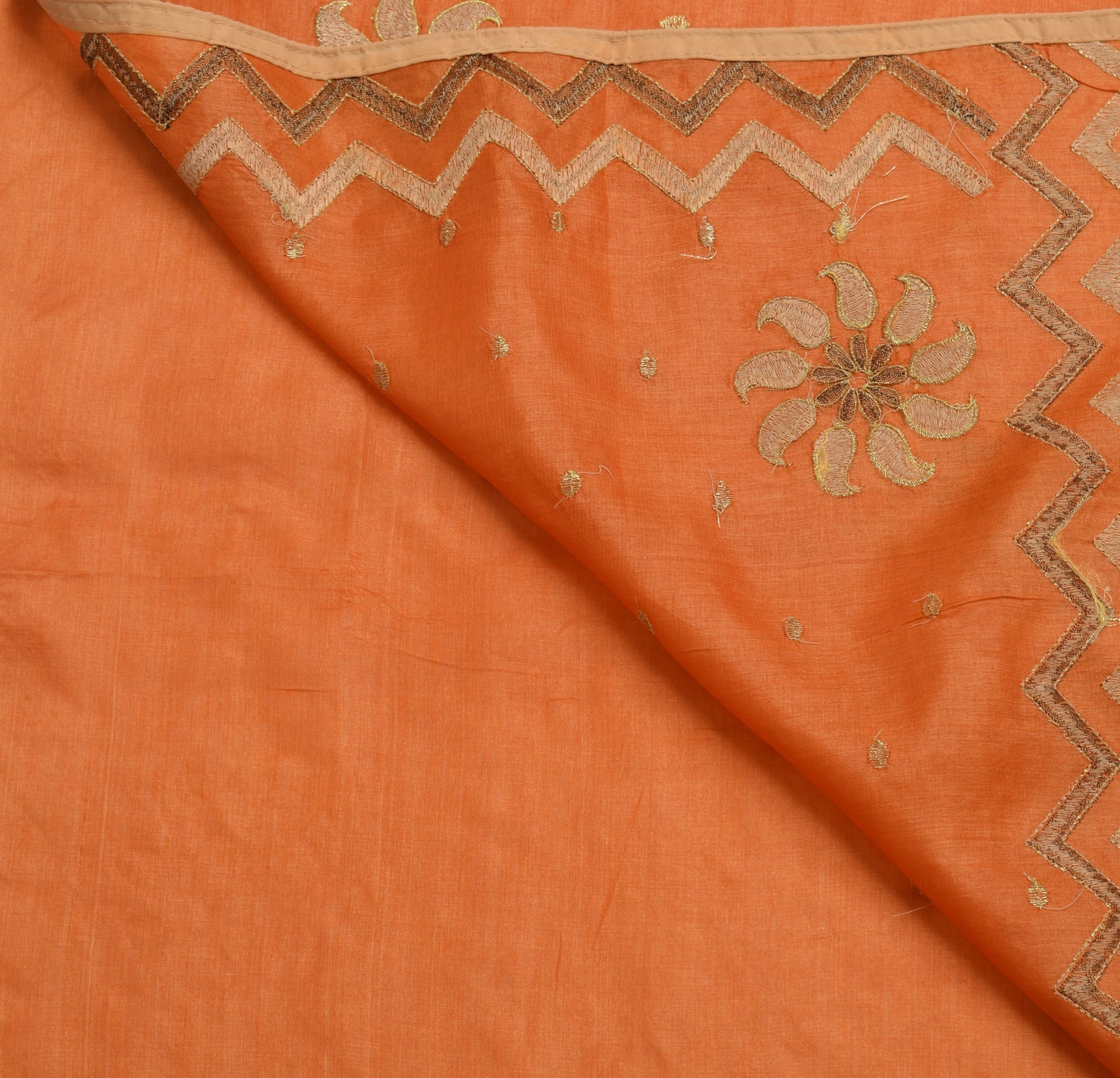 Sushila Vintage Orange Saree 100%Pure Silk Paisley Embroidered Sari Craft Fabric