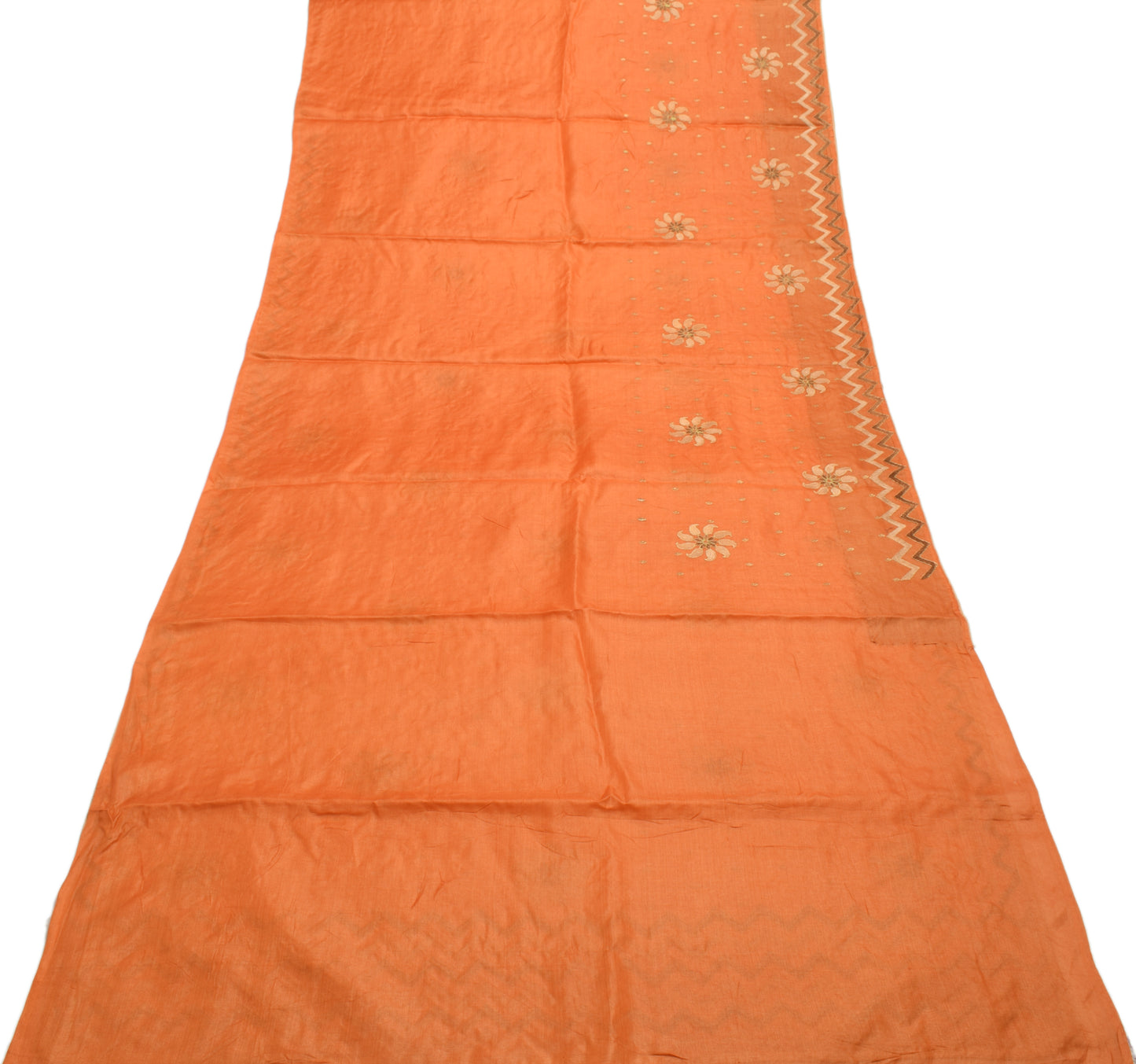 Sushila Vintage Orange Saree 100%Pure Silk Paisley Embroidered Sari Craft Fabric