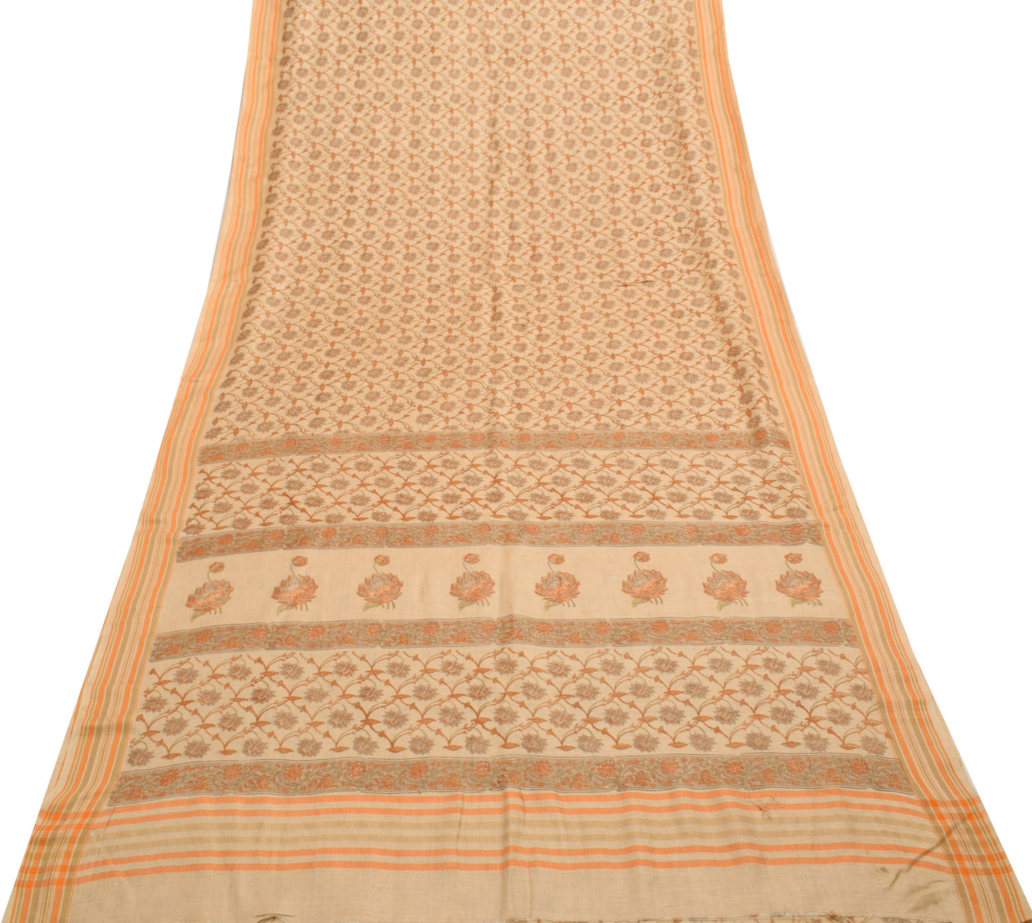 Sushila Vintage Cream Saree 100% Pure Woolen Woven Floral Sari 5 YD Craft Fabric