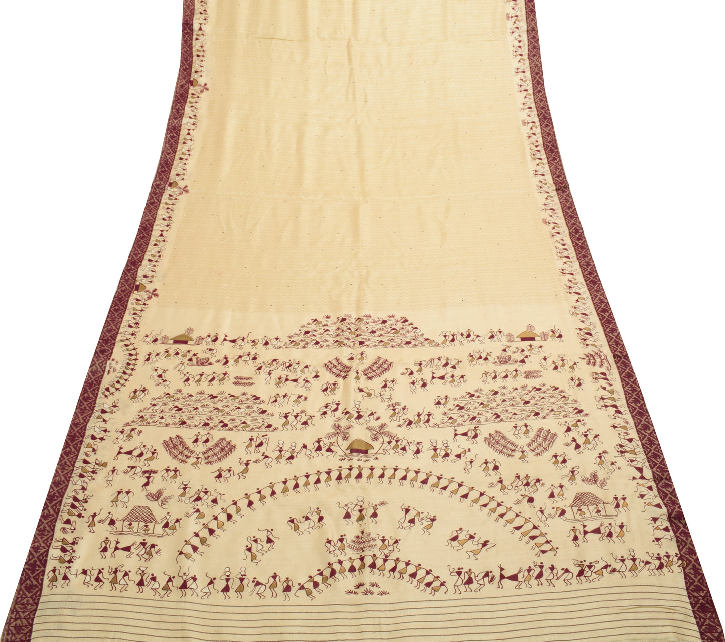 Sushila Vintage Cream Saree 100%Pure Woolen Bhagalpuri Printed Sari Craft Fabric