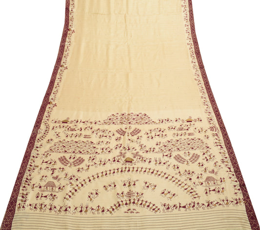 Sushila Vintage Cream Saree 100%Pure Woolen Bhagalpuri Printed Sari Craft Fabric