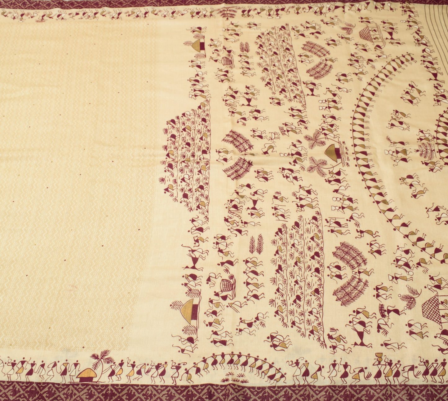 Sushila Vintage Cream Saree 100%Pure Woolen Bhagalpuri Printed Sari Craft Fabric