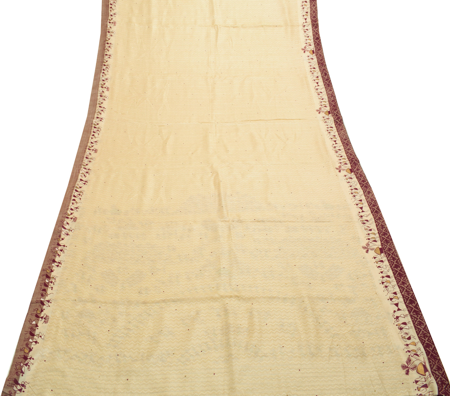 Sushila Vintage Cream Saree 100%Pure Woolen Bhagalpuri Printed Sari Craft Fabric