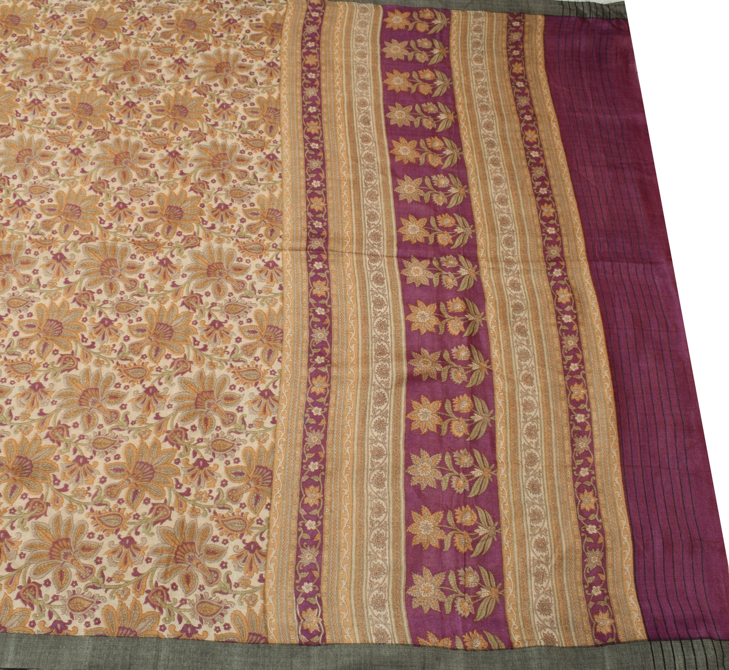 Sushila Vintage Cream Saree 100% Pure Woolen Woven Floral Soft Sari Craft Fabric