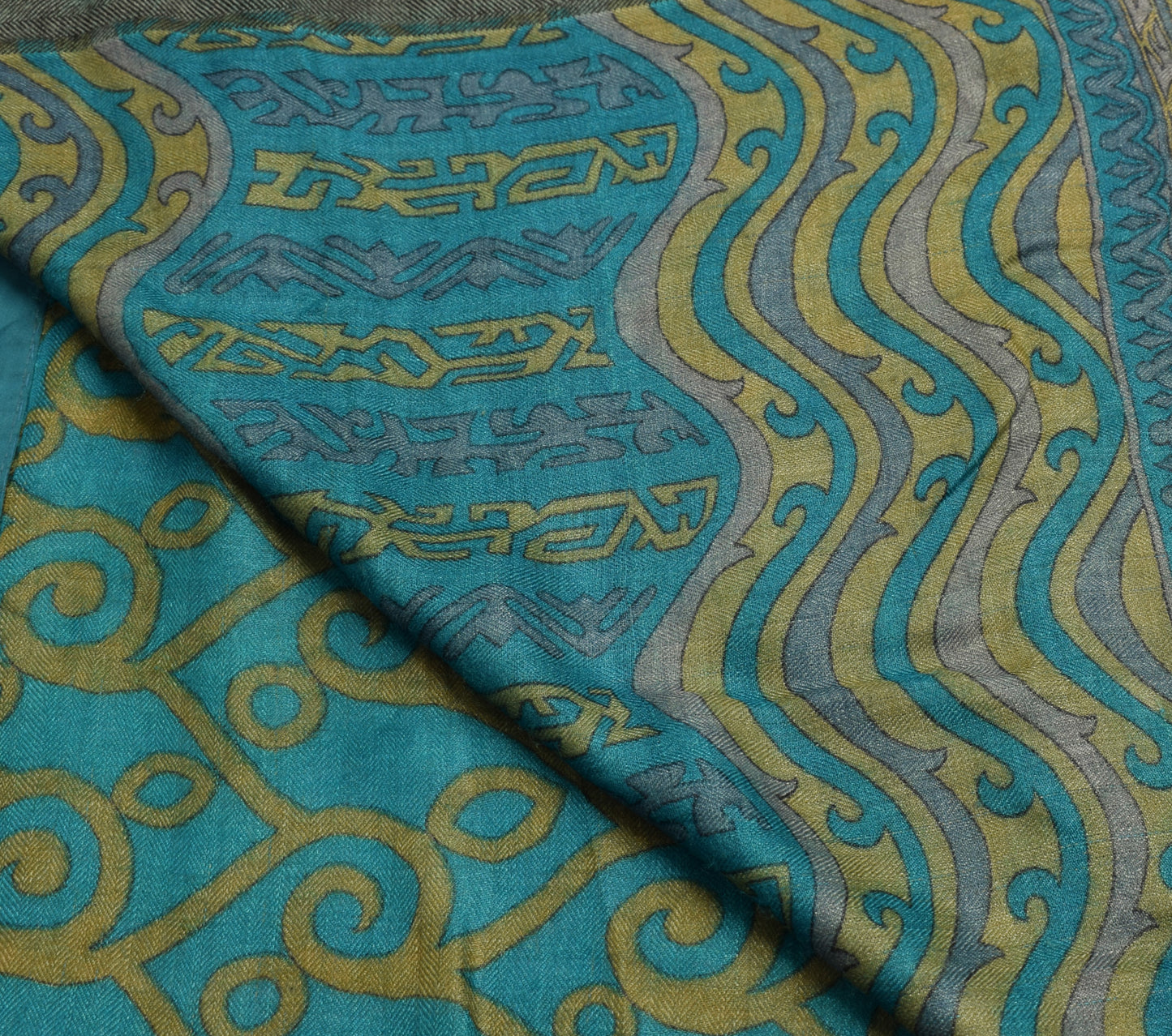 Sushila Vintage Teal Blue Saree 100% Pure Woolen Woven Soft Sari Craft Fabric