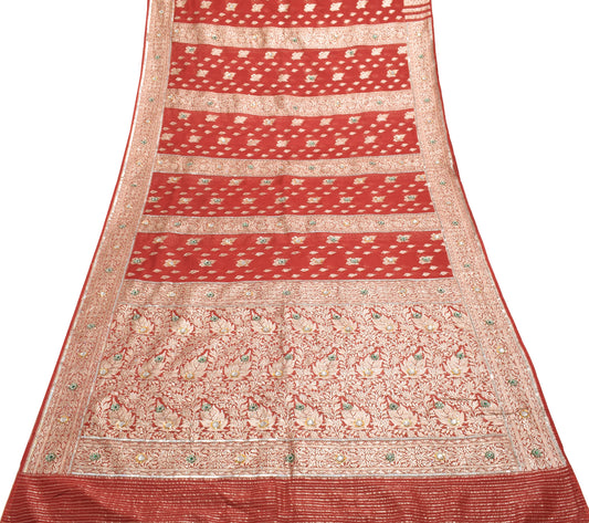 Sushila Vintage Red Heavy Saree Blend Silk Banarasi Brocade Woven Sari Fabric