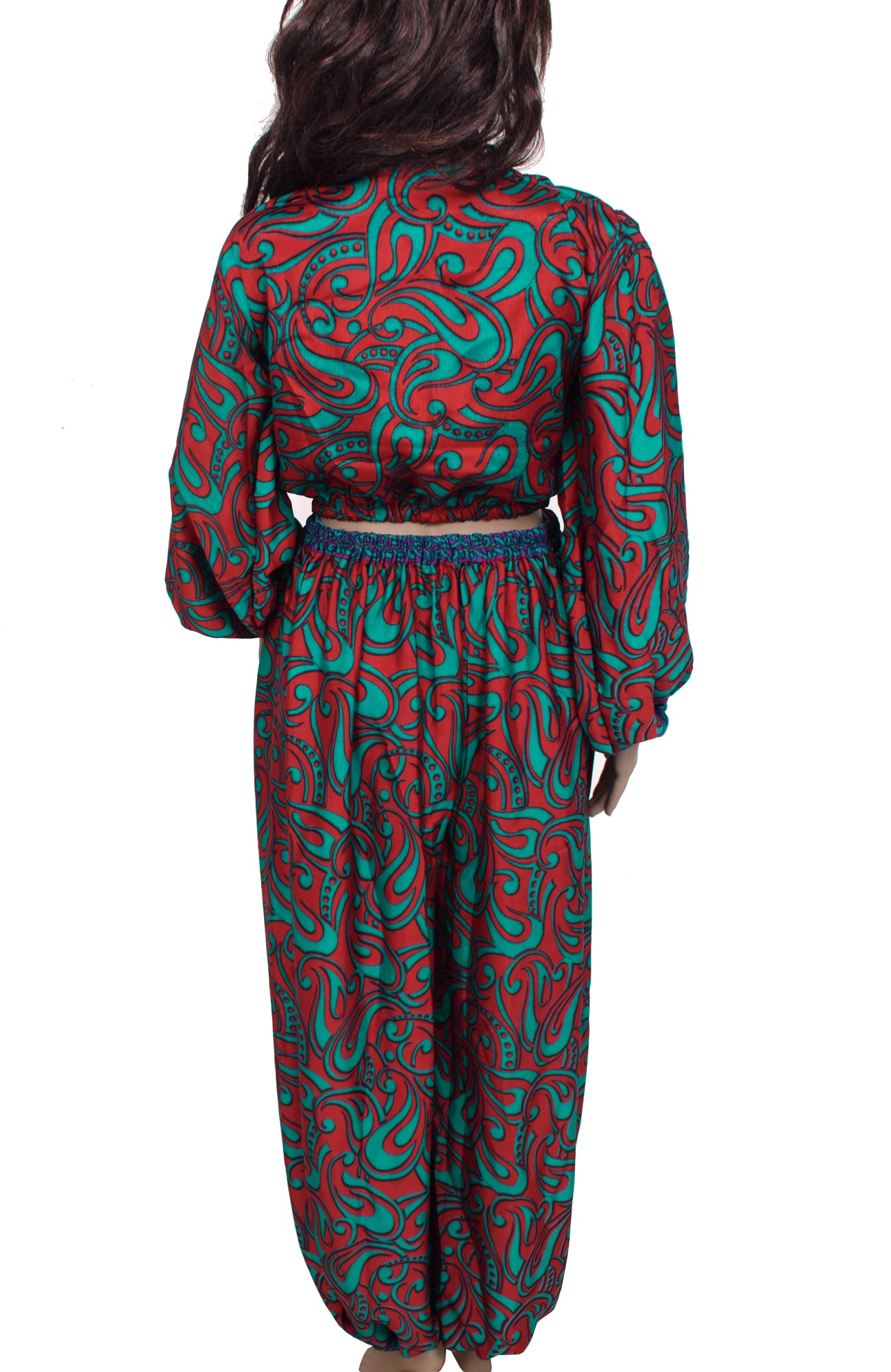 Sushila Vintage Women Dress Silk Sari upcycled Aladdin Pants Afghani Top Red