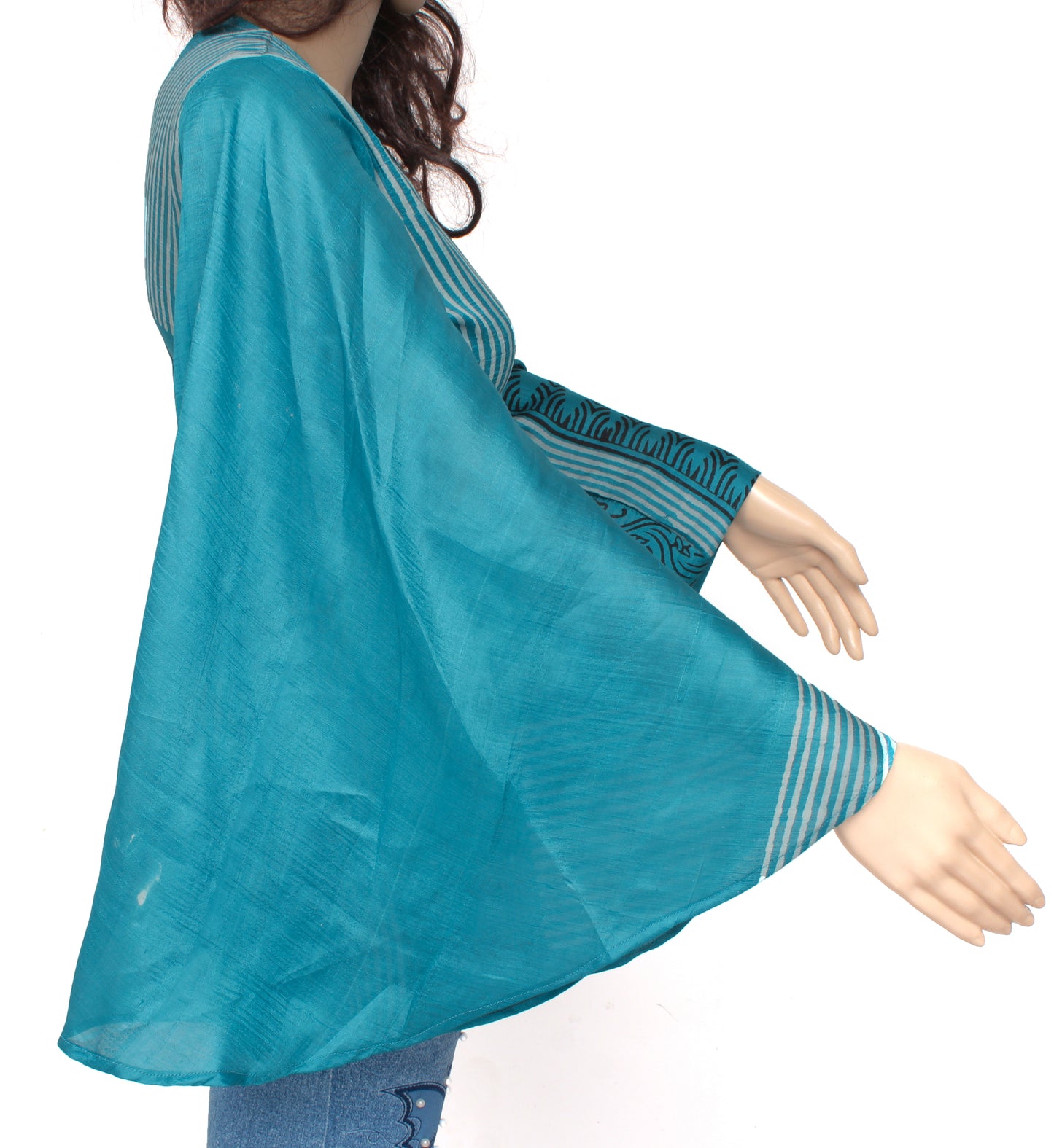 Sushila Vintage NEW Bohemian Bell Sleeve Recycled Silk Saree Top 70,s Retro Blue