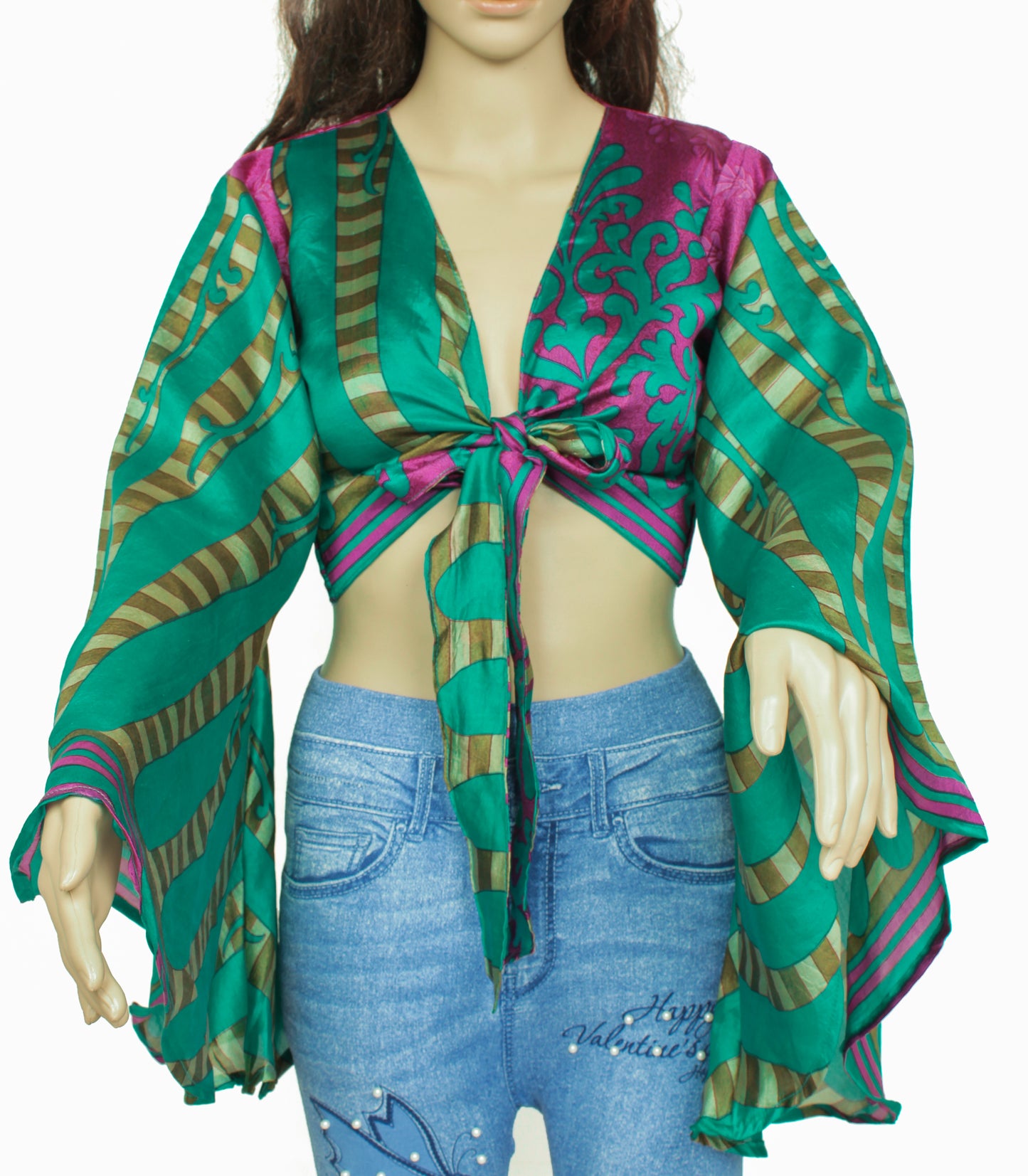 Sushila Vintage Bohemian Bell Sleeve Recycled Silk Saree Top 70,s Retro Green