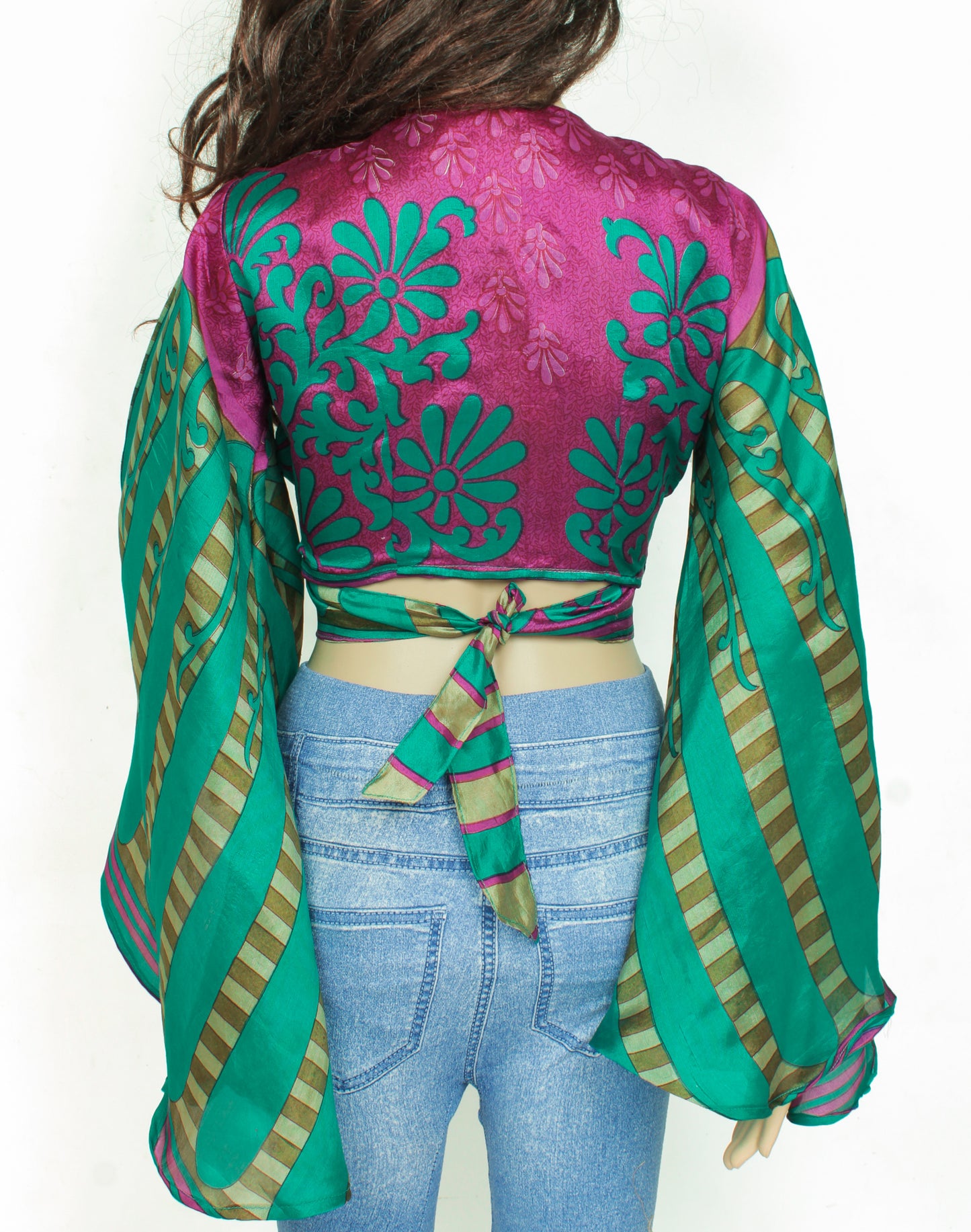 Sushila Vintage Bohemian Bell Sleeve Recycled Silk Saree Top 70,s Retro Green