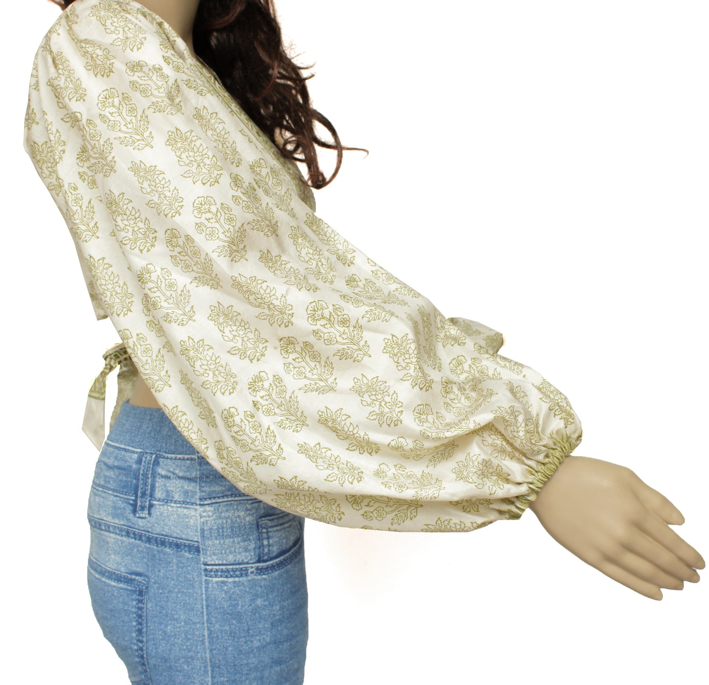 Sushila Vintage Bohemian Balloon Sleeve Recycled Silk Saree Top 70,s Retro Cream