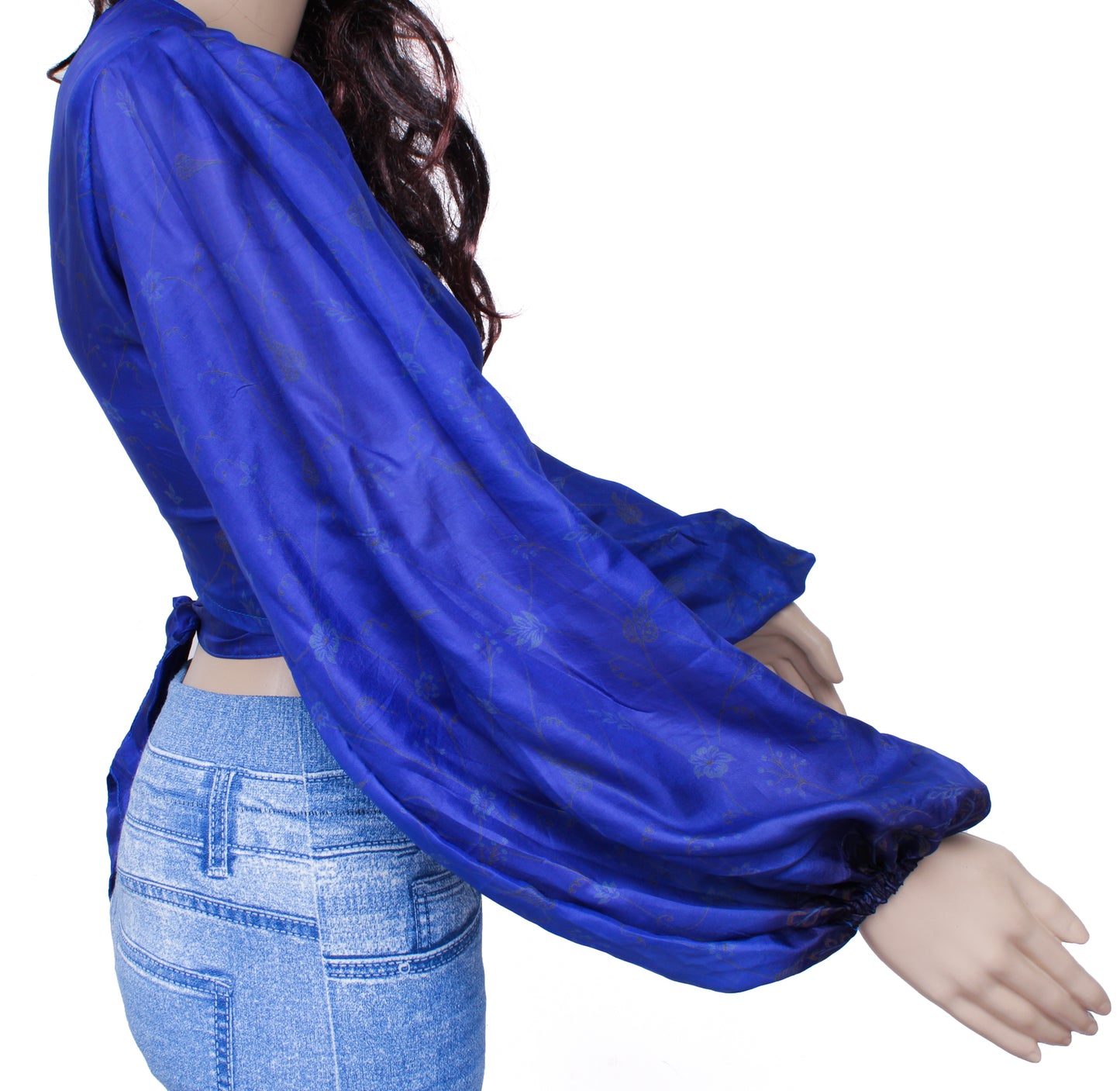 Sushila Vintage Bohemian Balloon Sleeve Recycled Silk Saree Top 70,s Retro Blue