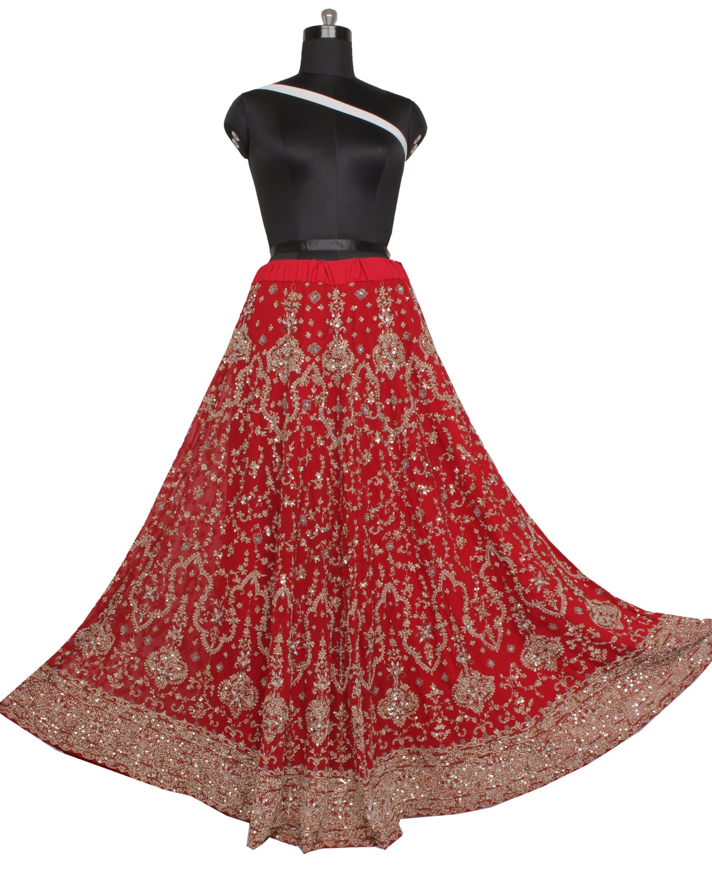 Sushila Vintage Red Long Skirt Blend Georgette Hand Beaded Unstitched Lehenga