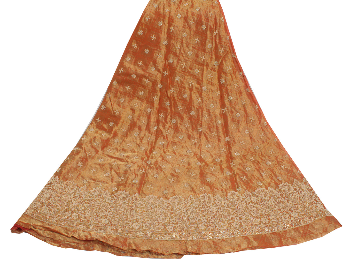 Sushila Vintage Rust Long Skirt Pure Tissue Silk Hand Beaded Unstitched Lehenga