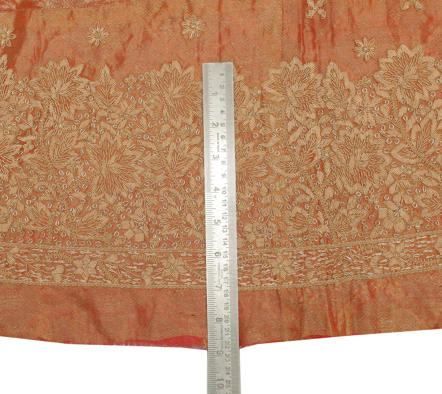 Sushila Vintage Rust Long Skirt Pure Tissue Silk Hand Beaded Unstitched Lehenga