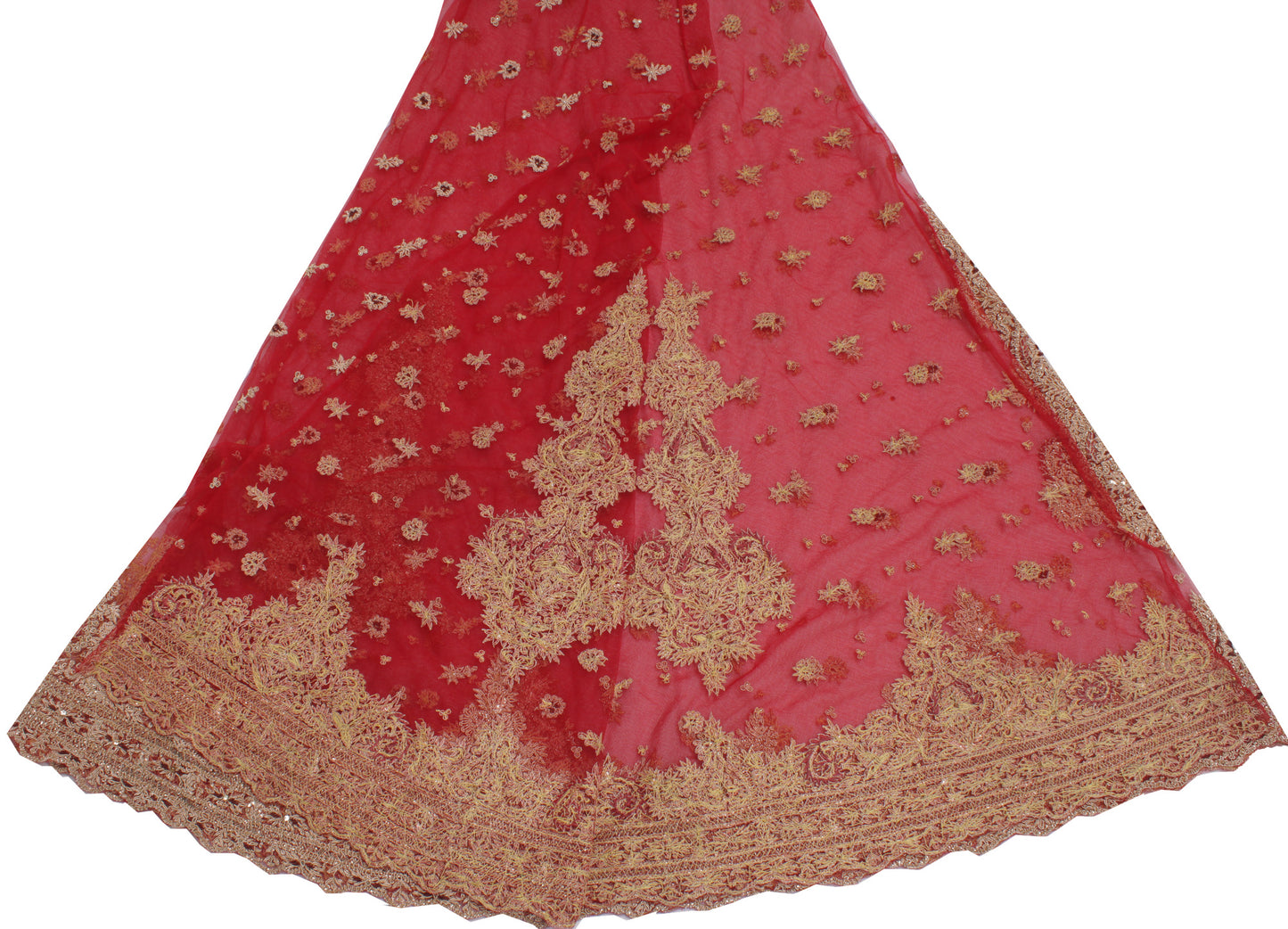 Sushila Vintage Red Long Skirt Net Mesh Hand Beaded Zardozi Unstitched Lehenga