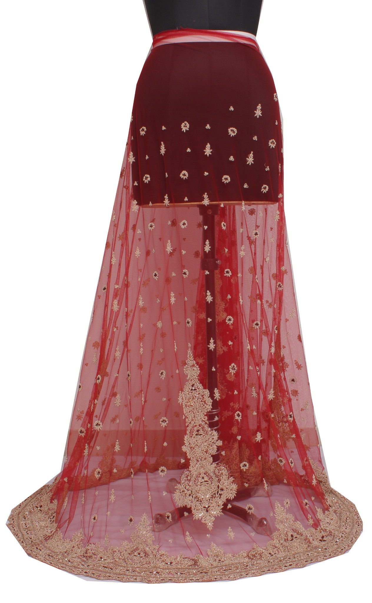 Sushila Vintage Red Long Skirt Net Mesh Hand Beaded Zardozi Unstitched Lehenga