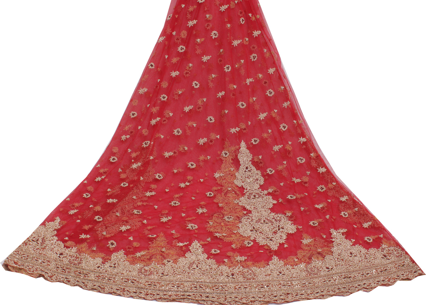 Sushila Vintage Red Long Skirt Net Mesh Hand Beaded Zardozi Unstitched Lehenga