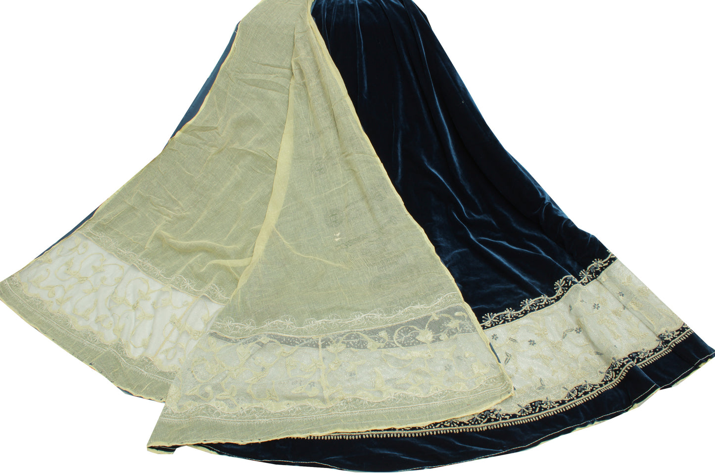 Sushila Vintage Blue Long Skirt Net & Velvet Handmade Unstitched Lehenga Fabric