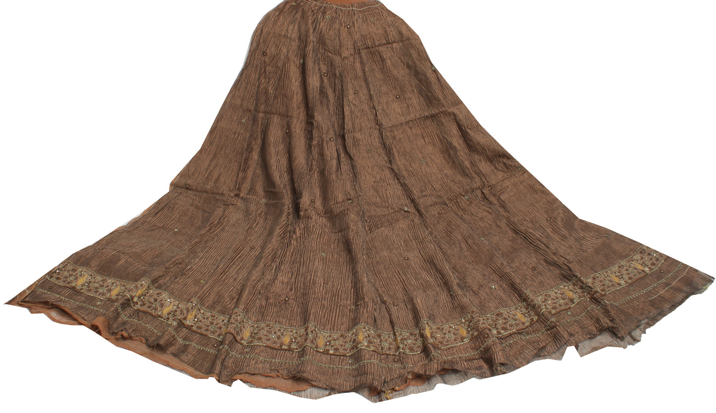 Sushila Vintage Brown Long Skirt Pure Tissue Silk Hand Beaded Unstitched Lehenga