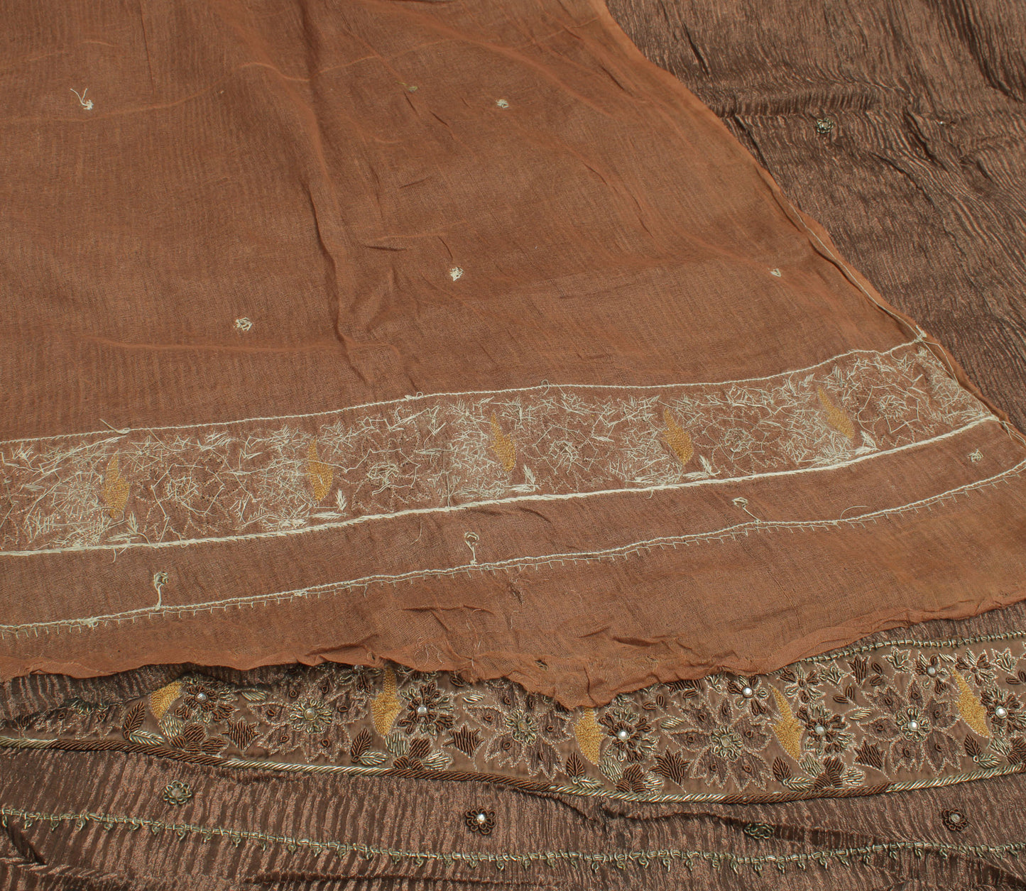 Sushila Vintage Brown Long Skirt Pure Tissue Silk Hand Beaded Unstitched Lehenga