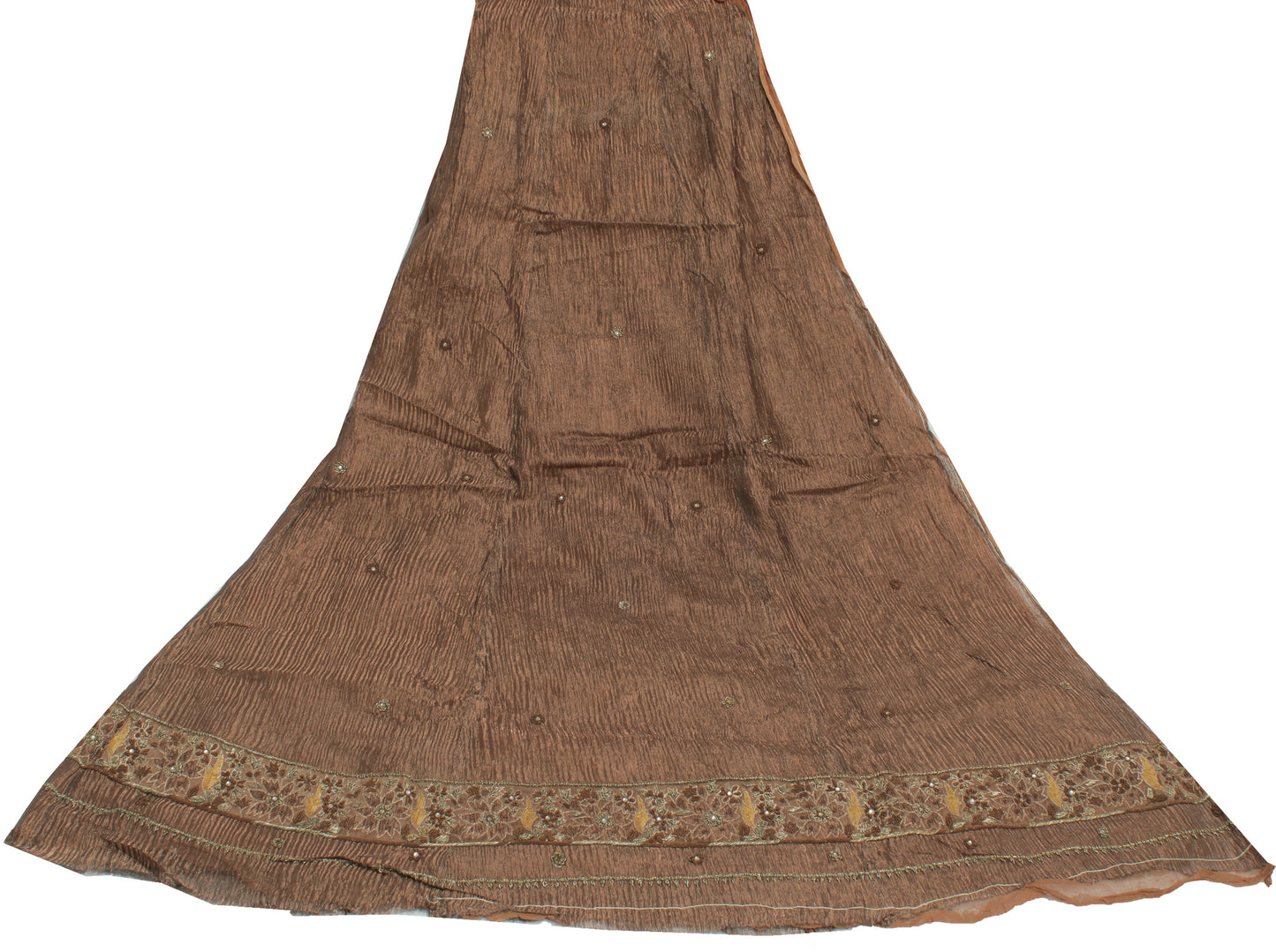 Sushila Vintage Brown Long Skirt Pure Tissue Silk Hand Beaded Unstitched Lehenga