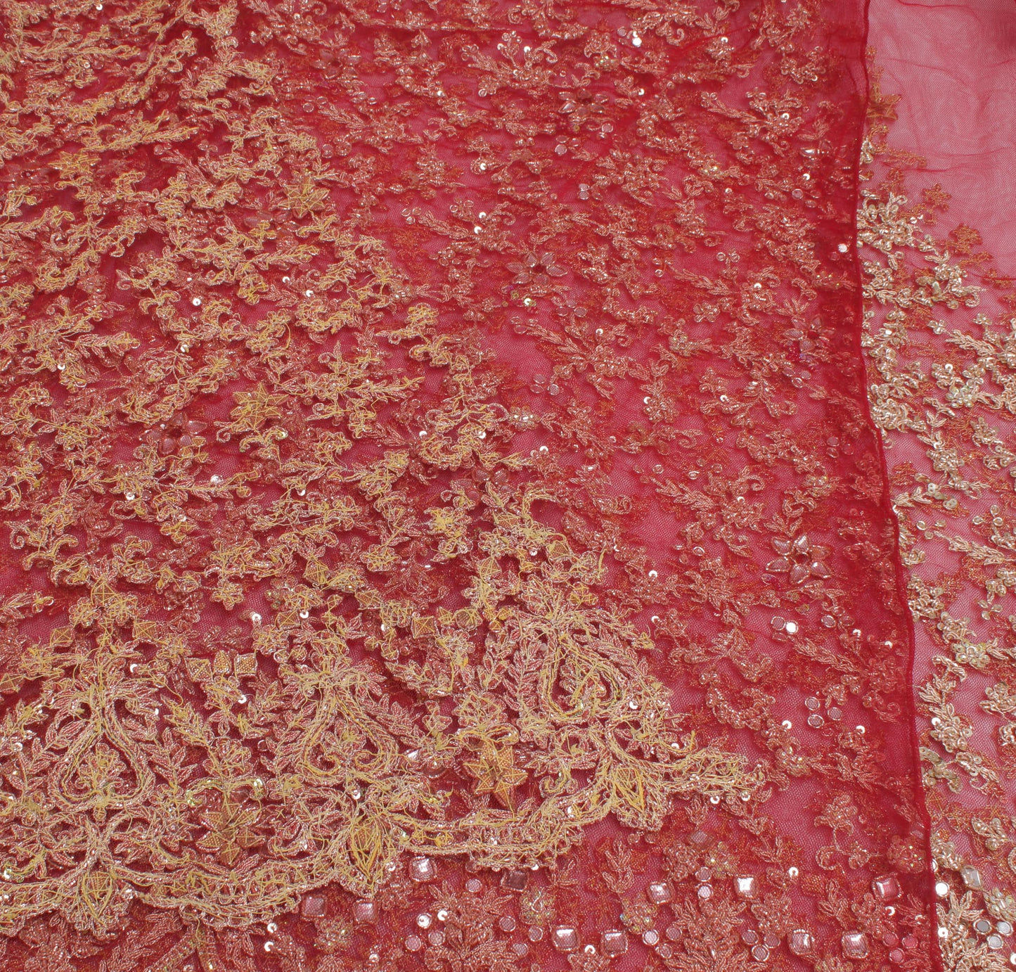 Sushila Vintage Red Long Skirt Net Mesh Hand Beaded Zardozi  Unstitched Lehenga