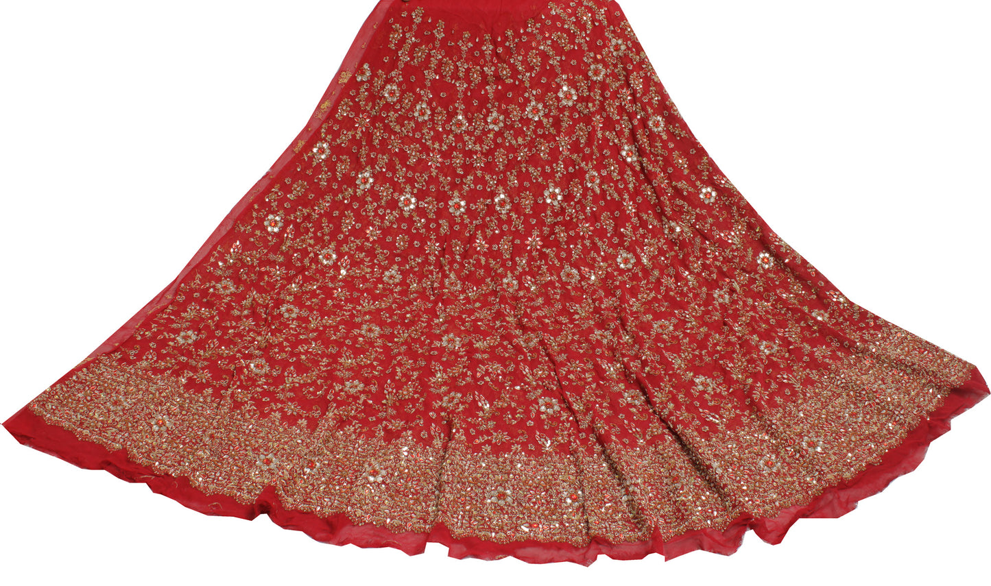 Sushila Vintage Red Long Skirt Pure Georgette Hand Beaded Unstitched Lehenga