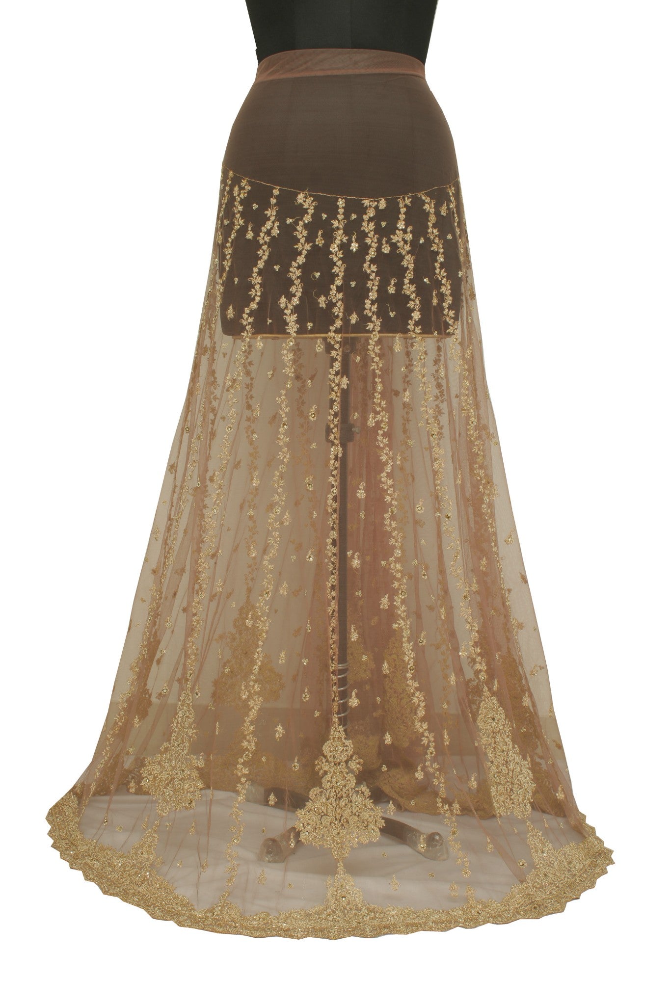 Sushila Vintage Brown Long Skirt Net Mesh Hand Beaded Zardozi Unstitched Lehenga